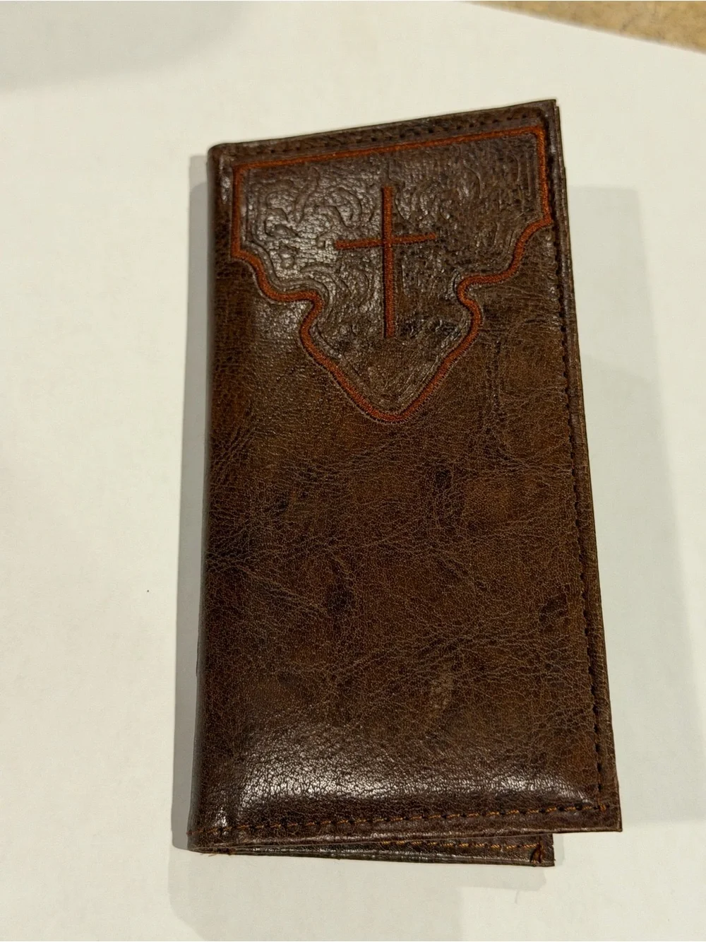 Brown Leather Checkbook Cover with Cross Embossing